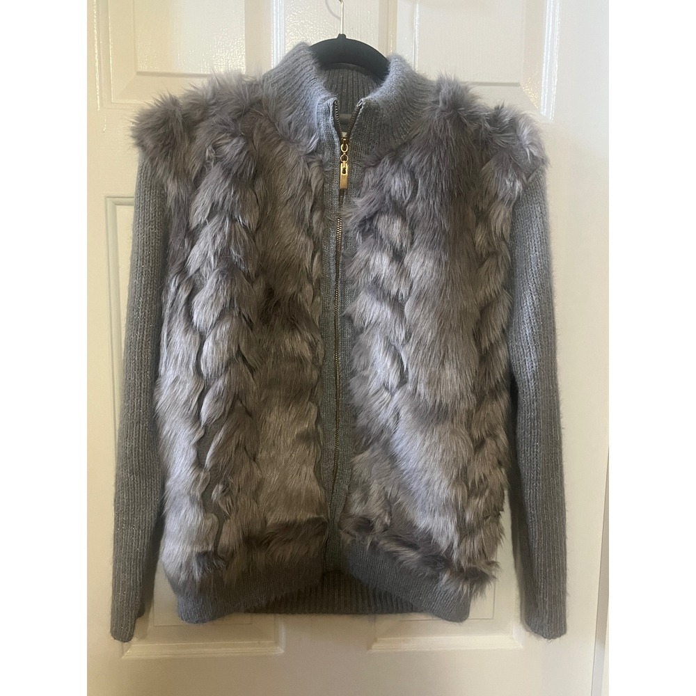 Davi & Dani Gray Faux Fur Front Full Zip Sweater Jacket Mock Neck Gray Medium